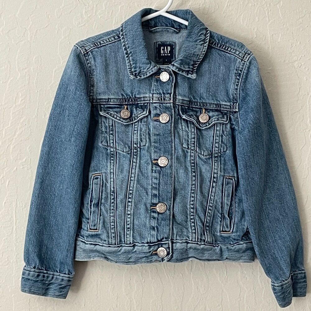 ~ Gap Kids S Jean Jacket Snaps Medium Wash Pockets Denim Cotton Blue Soft Unisex